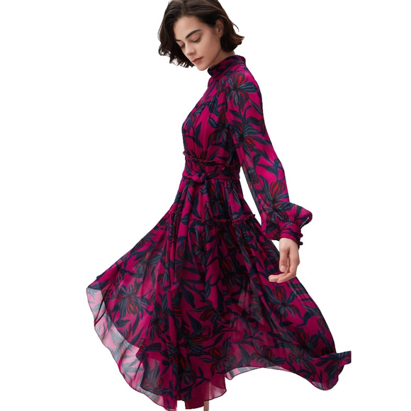 Diane Von Furstenberg DVF Magenta Floral Print Tiered Maxi Dress 14